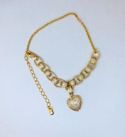 Pulseira elo coração com zircônia banhado a oura