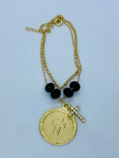 Pulseira religiosa com cruz cravejada banhada a ouro