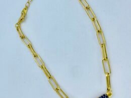 Pulseira elo com chapa azul banhada a ouro