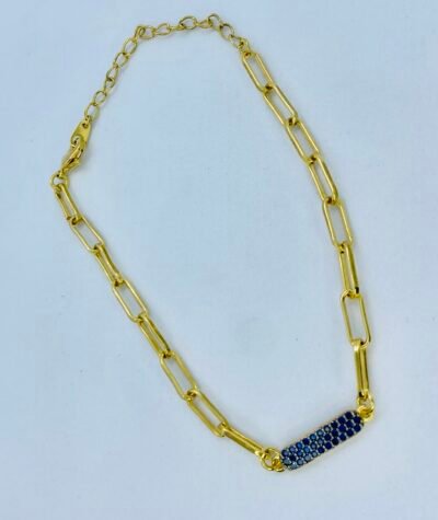 Pulseira elo com chapa azul banhada a ouro